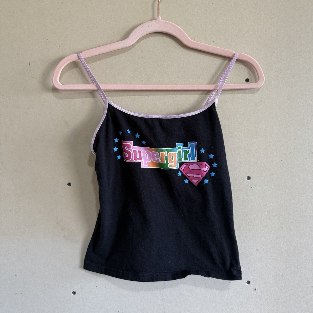 Vintage Y2K DC Comics Supergirl Cami Tank Top Cropped Black Pink Trim Small S